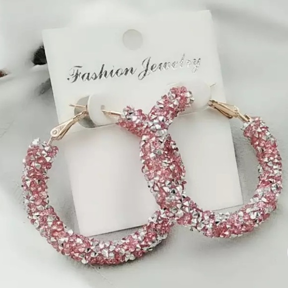 NEW Shiny Circle Frosted Crystal pink Earrings - Picture 3 of 3